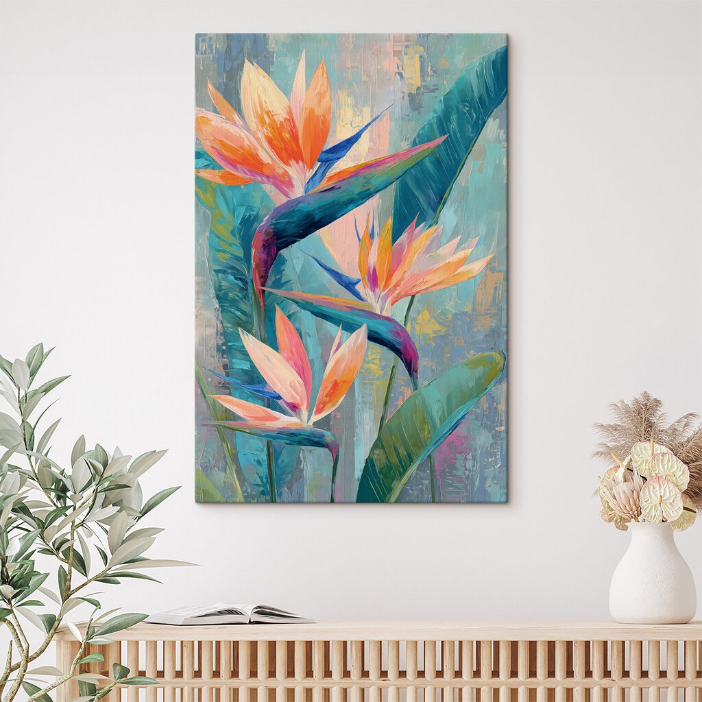 Fiori arancio e blu in un ambiente