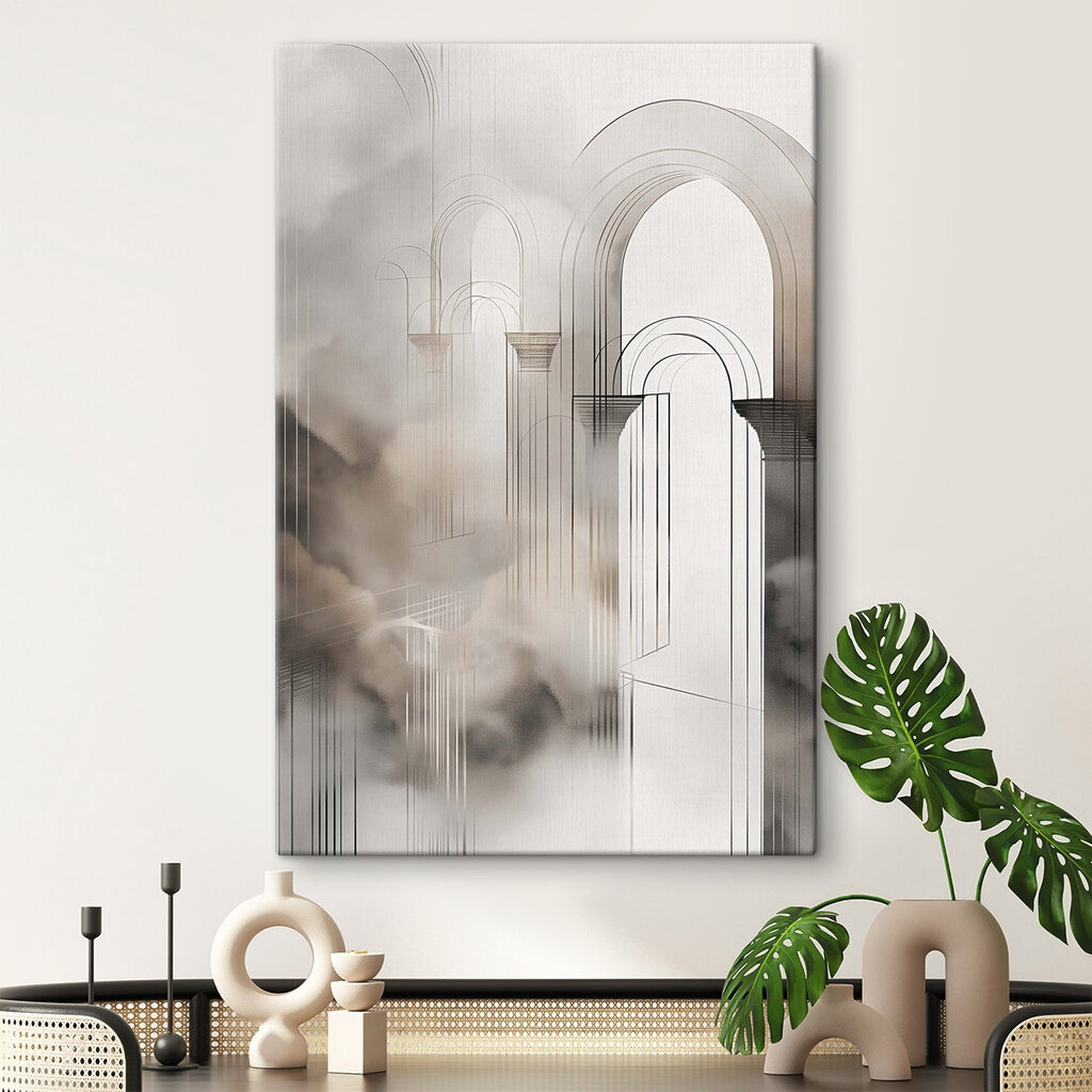 Archi tra la foschia in un ambiente