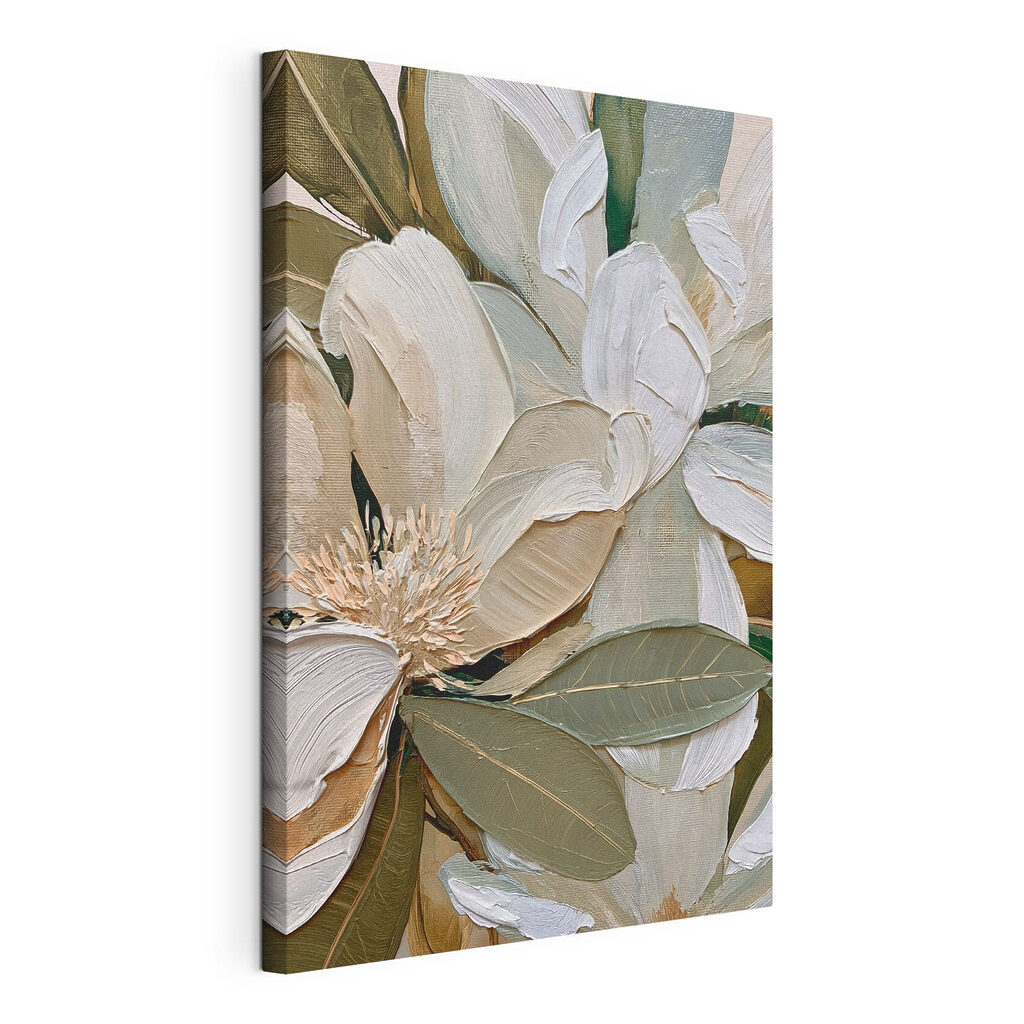 Fiori bianchi tra olivo, tela tesa e bordo avvolto