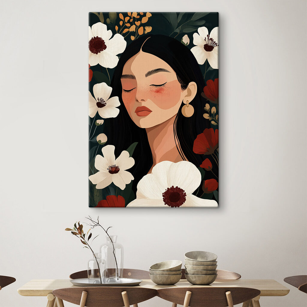 Donna tra fiori crema in un ambiente