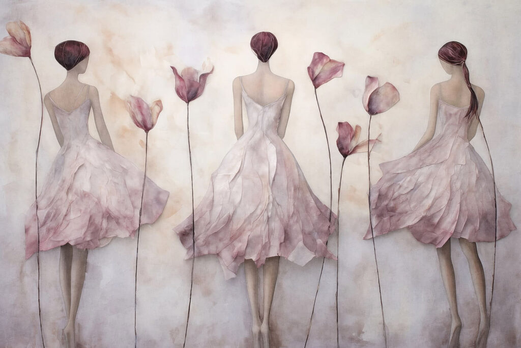 Tre donne tra tulipani — design completo