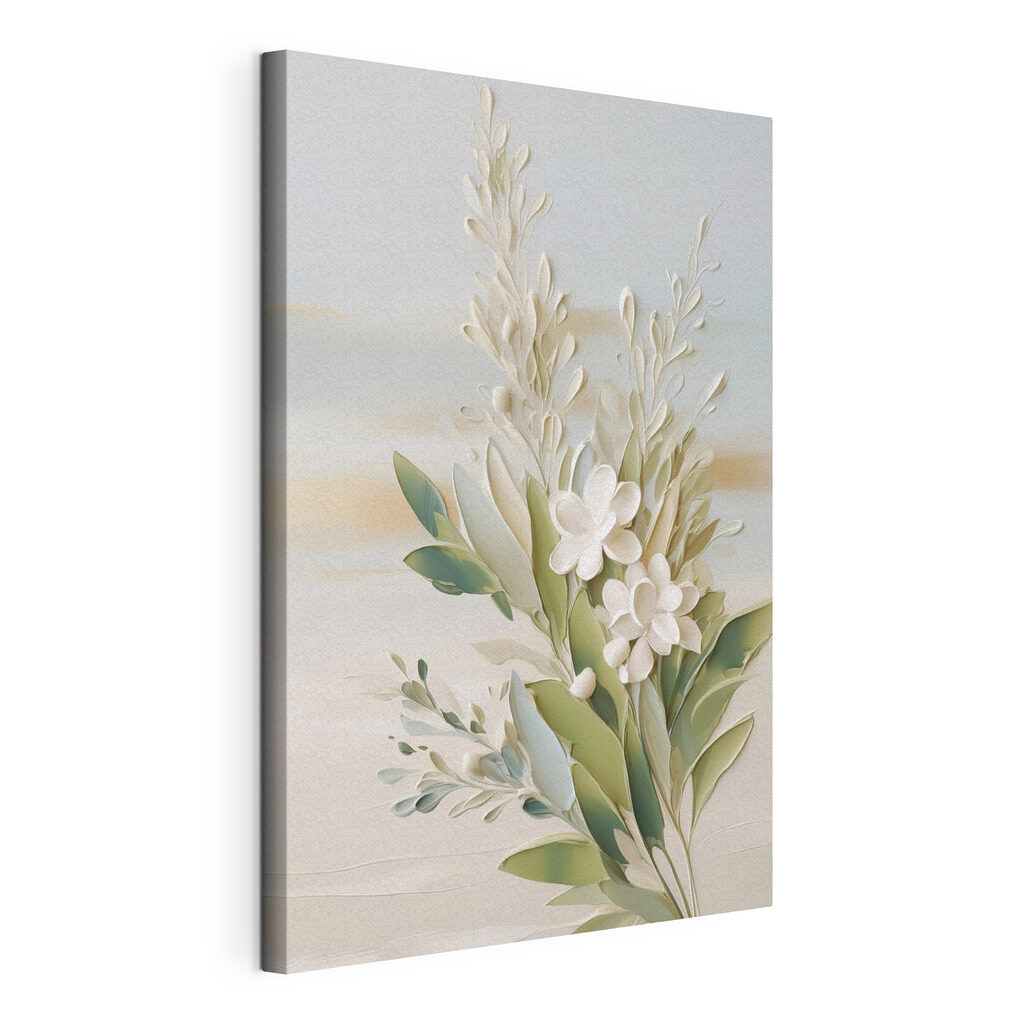 Fiori bianchi e ulivo, tela tesa e bordo avvolto