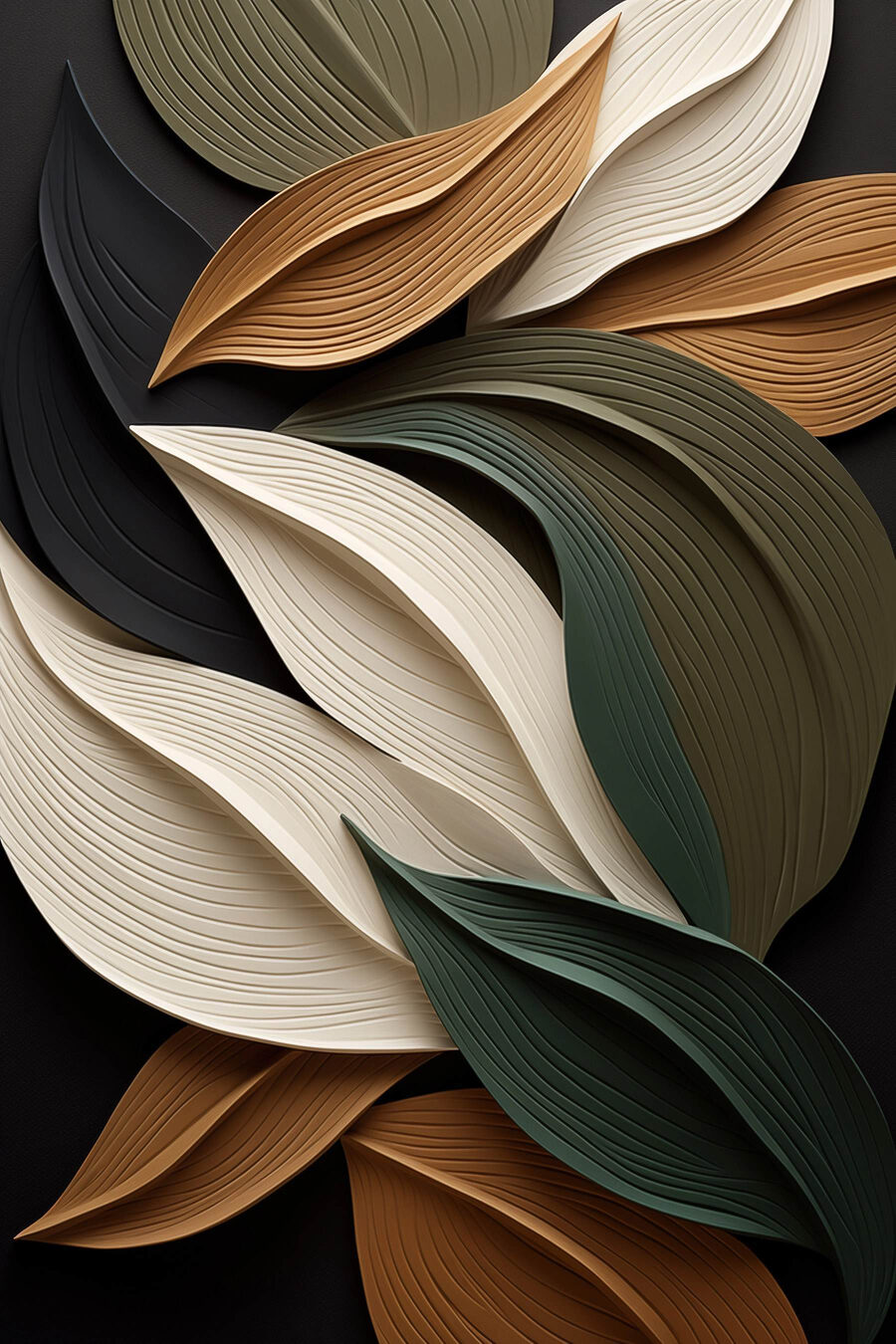 Foglie plissettate su nero — design completo