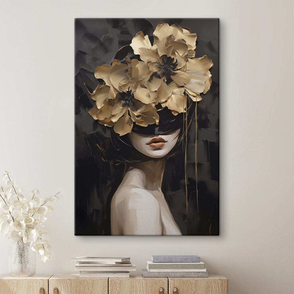 Donna dietro fiori dorati — ambiente 2
