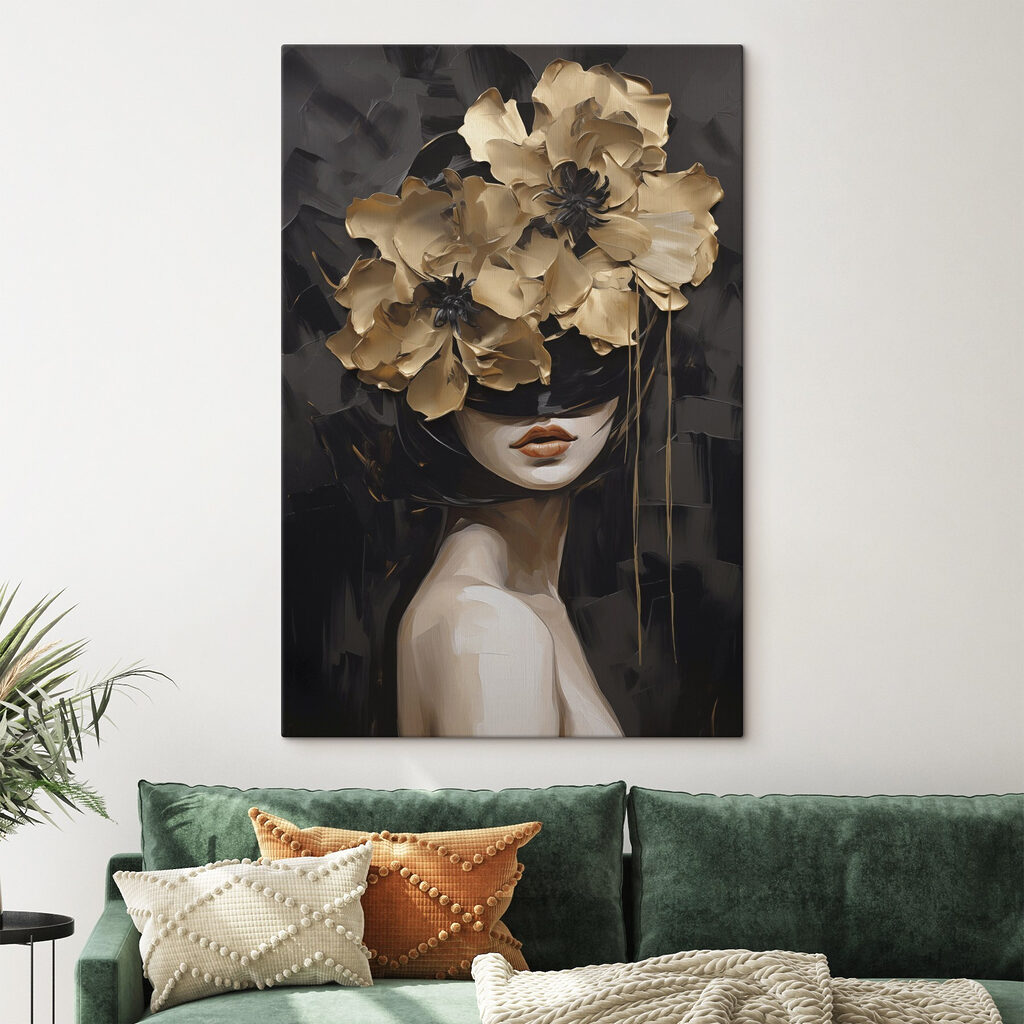 Donna dietro fiori dorati — ambiente 1