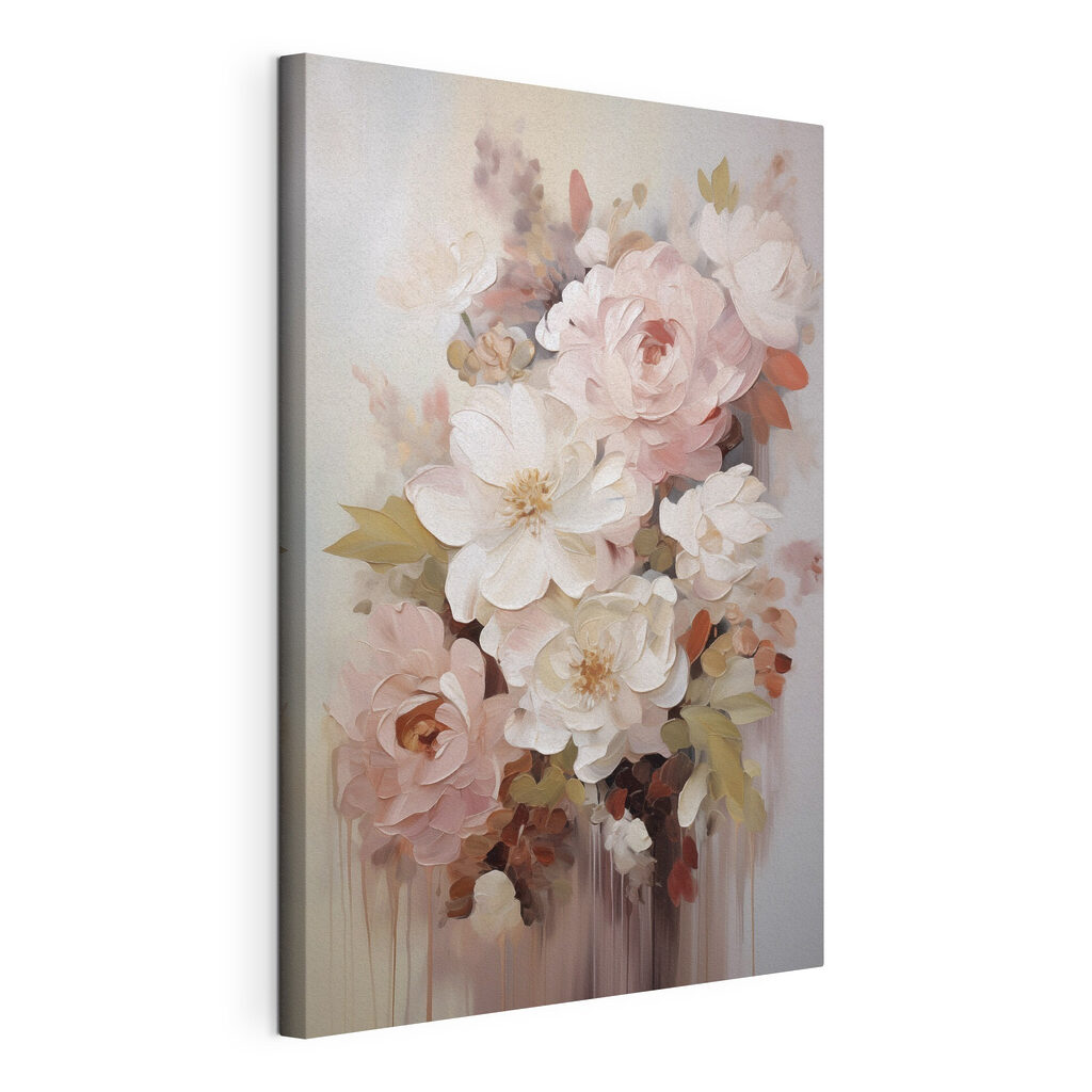 Rose tra fiori bianchi, tela tesa e bordo avvolto