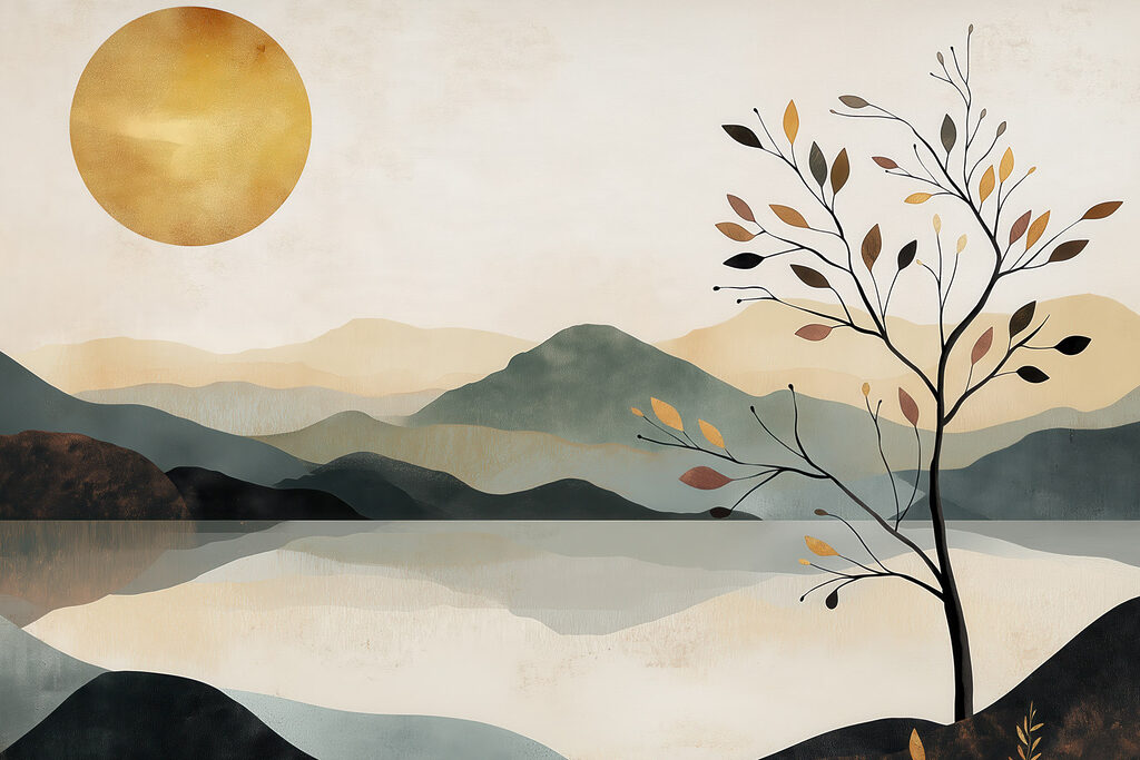 Albero tra montagne riflesse — design completo