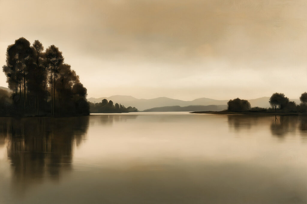 Alberi scuri sull’acqua — design completo