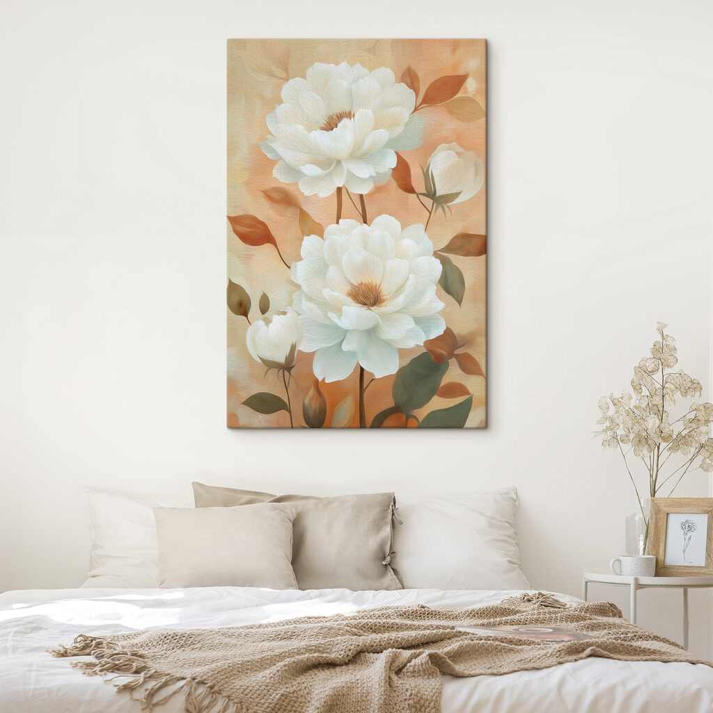 Fiori bianchi, foglie ruggine in un ambiente