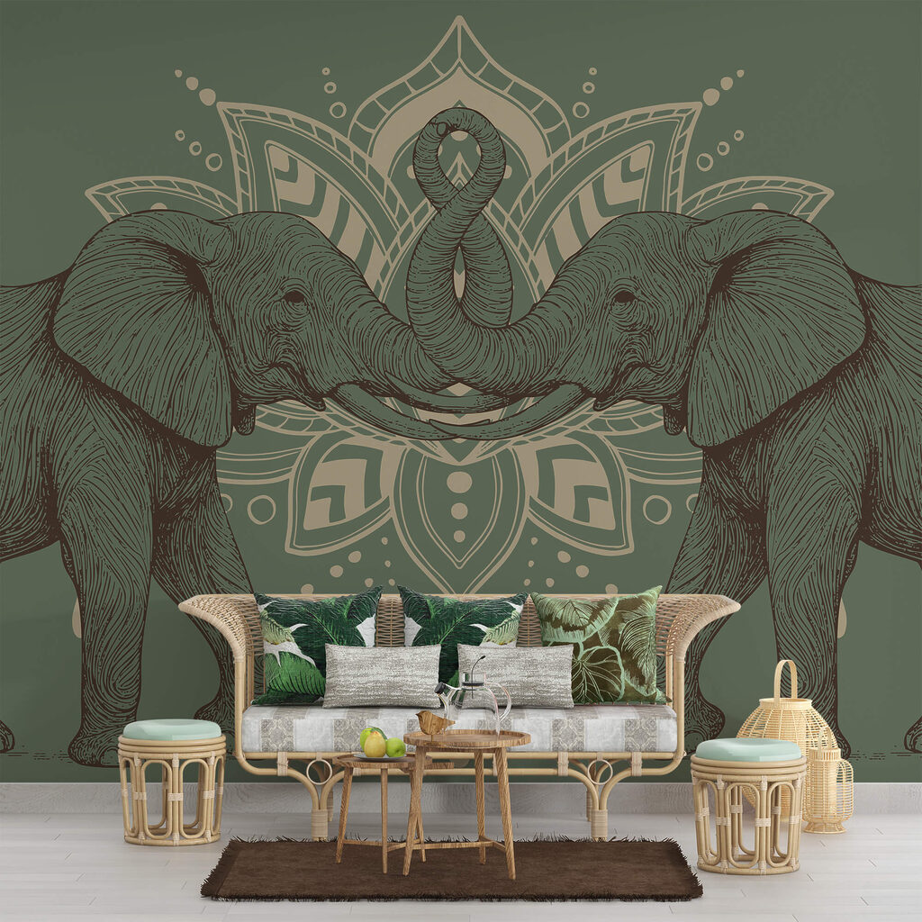 Elefanti davanti all’ornamento in un ambiente