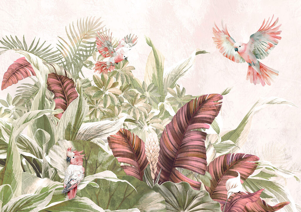 Pappagalli tra fiori grandi — design completo