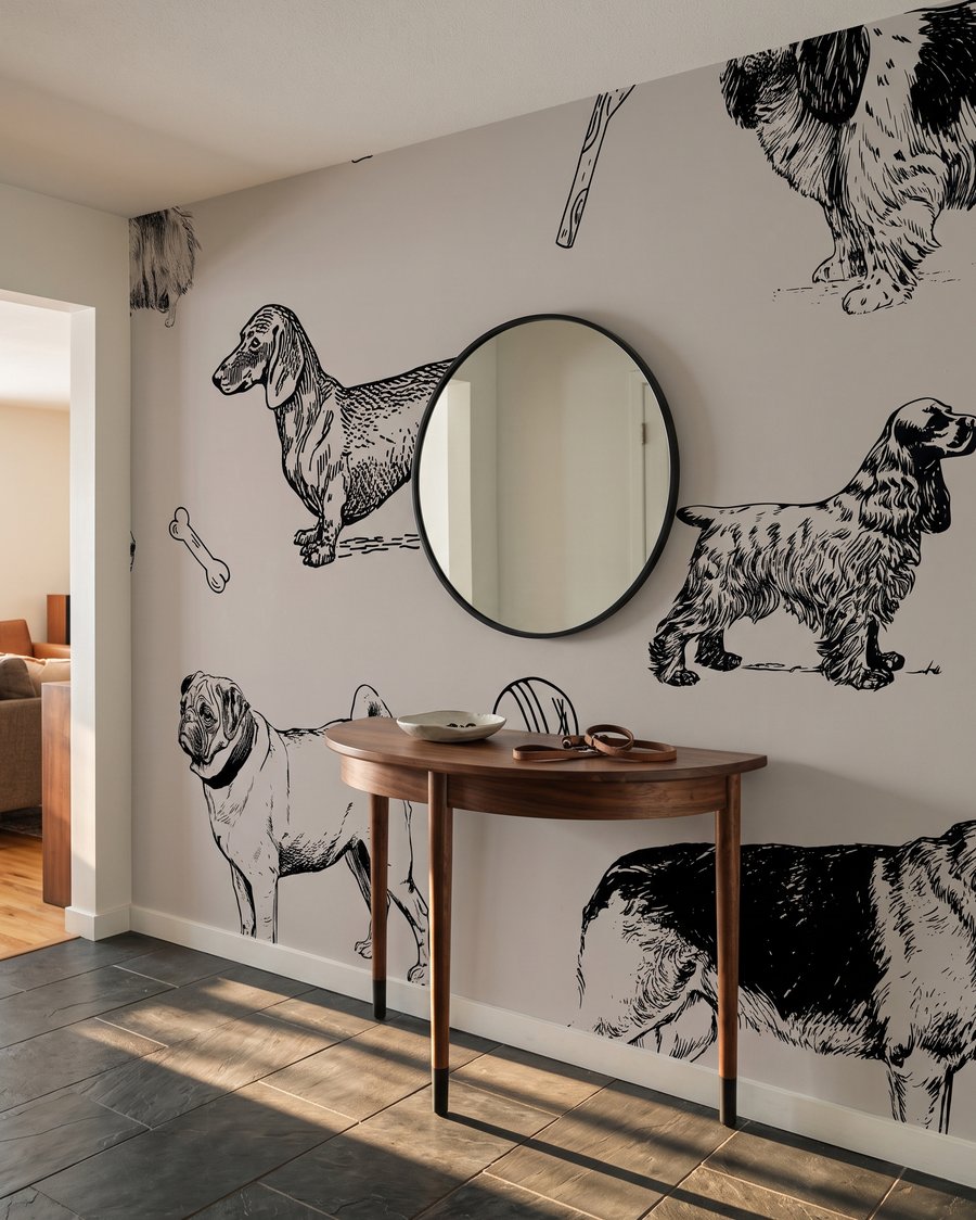 Cani disegnati a penna in un ambiente