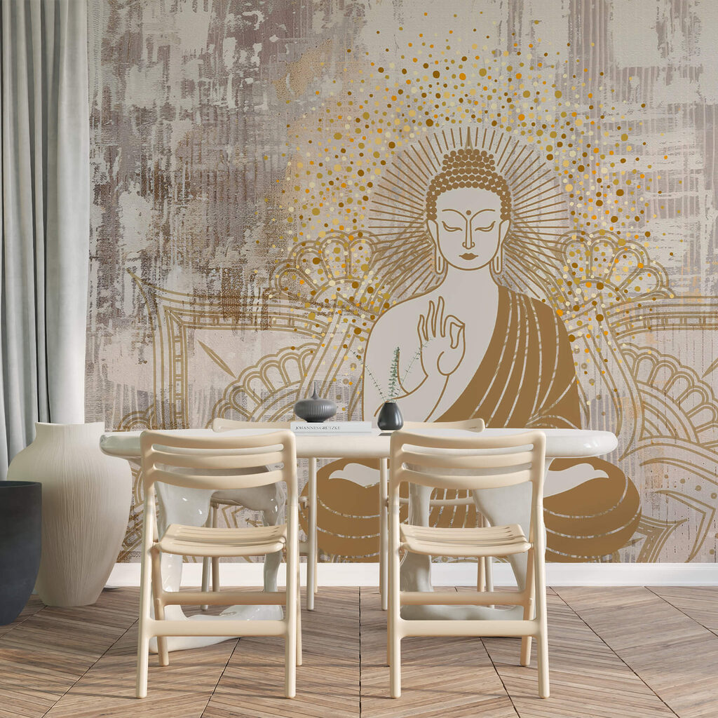 Buddha tra linee dorate in un ambiente
