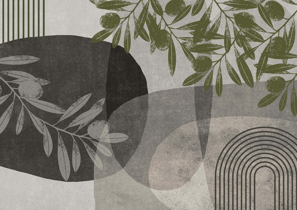 Foglie tra archi astratti — design completo