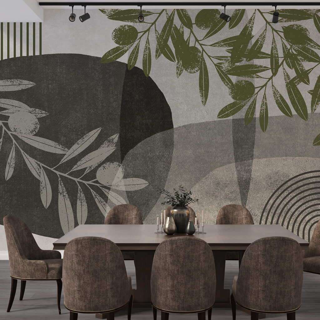 Foglie tra archi astratti — ambiente 2