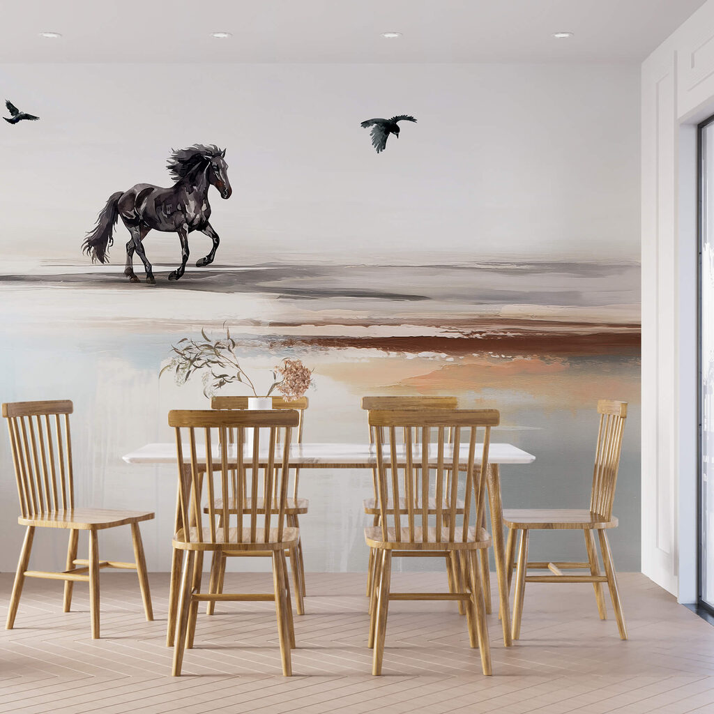 Cavallo con uccelli in un ambiente