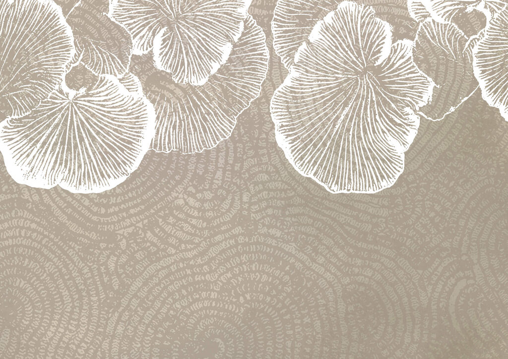Foglie bianche su tortora — design completo