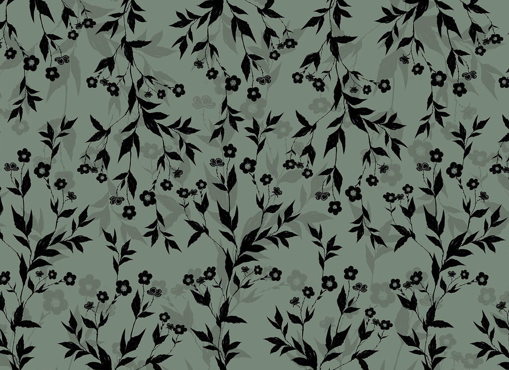 Fiori neri su grigio-verde — design completo