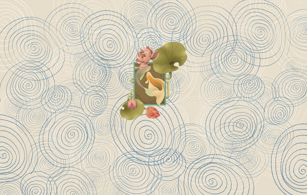 Pesce tra spirali blu — design completo