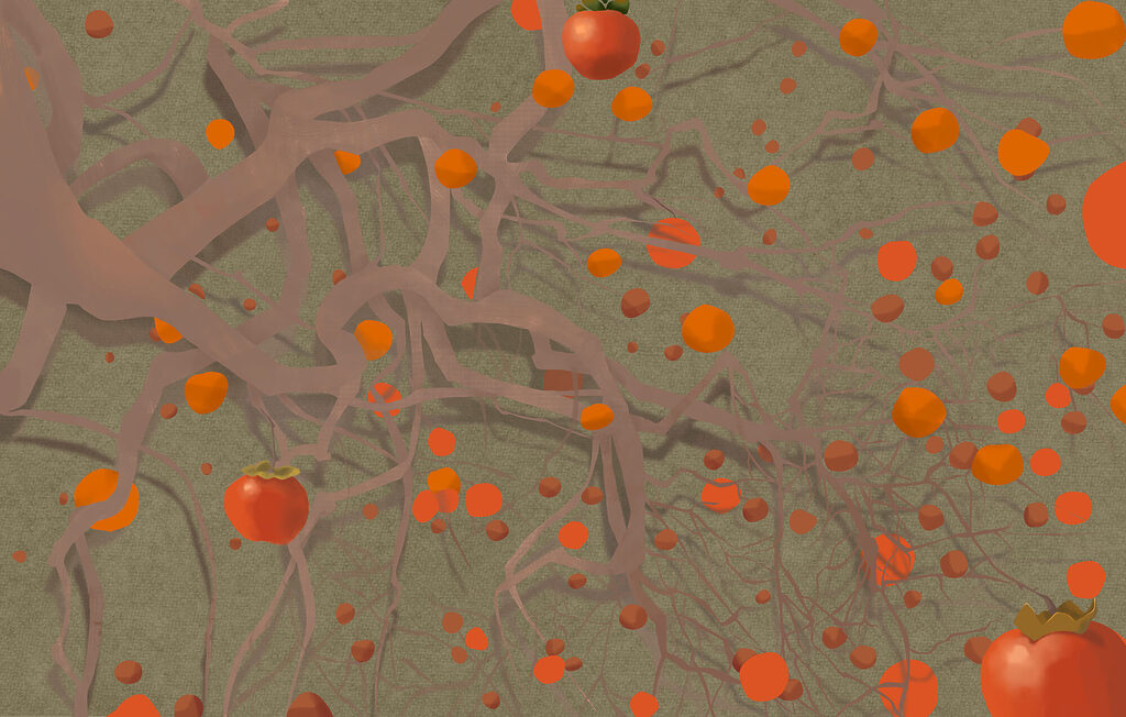 Frutti arancio tra tralci — design completo