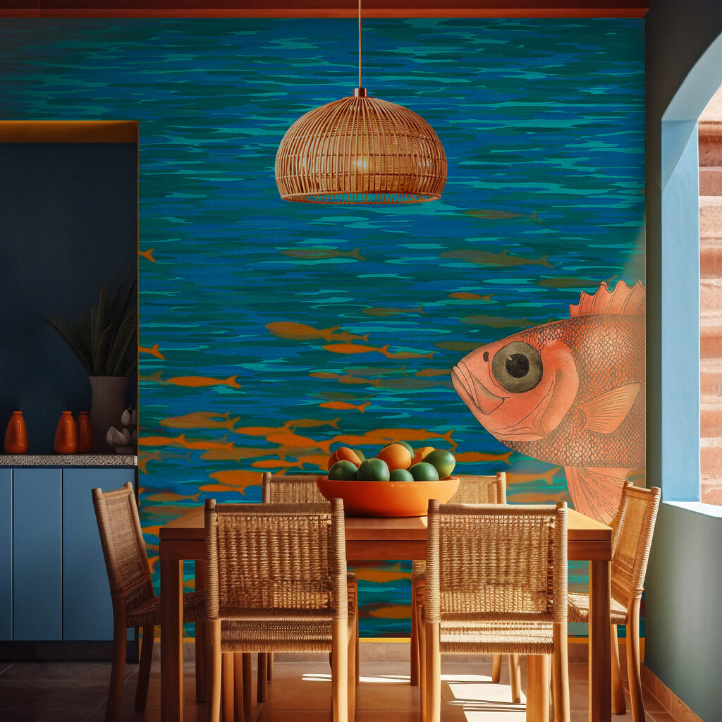 Pesci tra pennellate colorate — ambiente 1