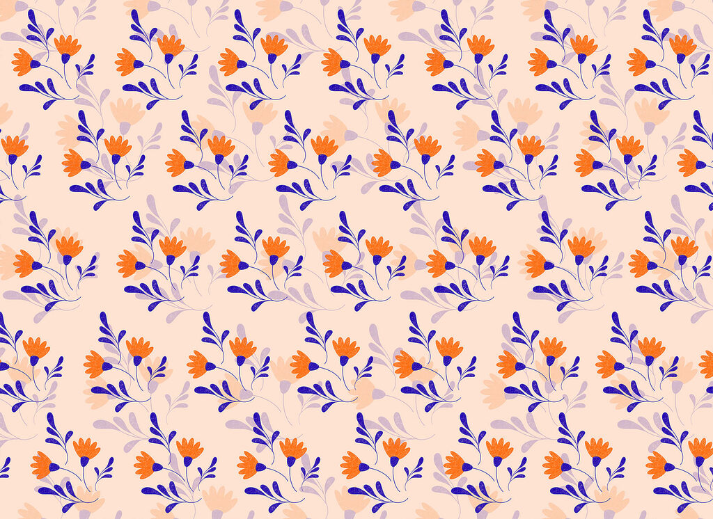 Fiori arancio, foglie blu — design completo