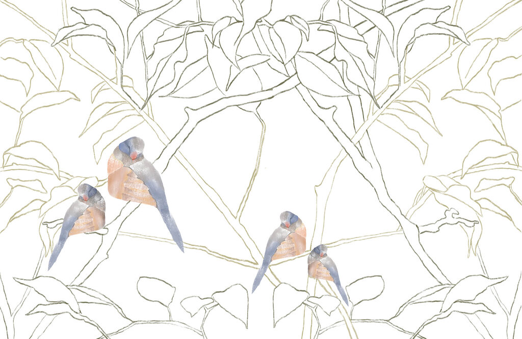 Uccelli tra rami disegnati — design completo