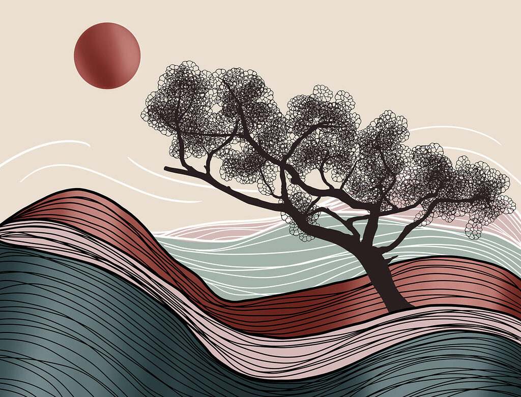 Albero tra linee ondulate — design completo
