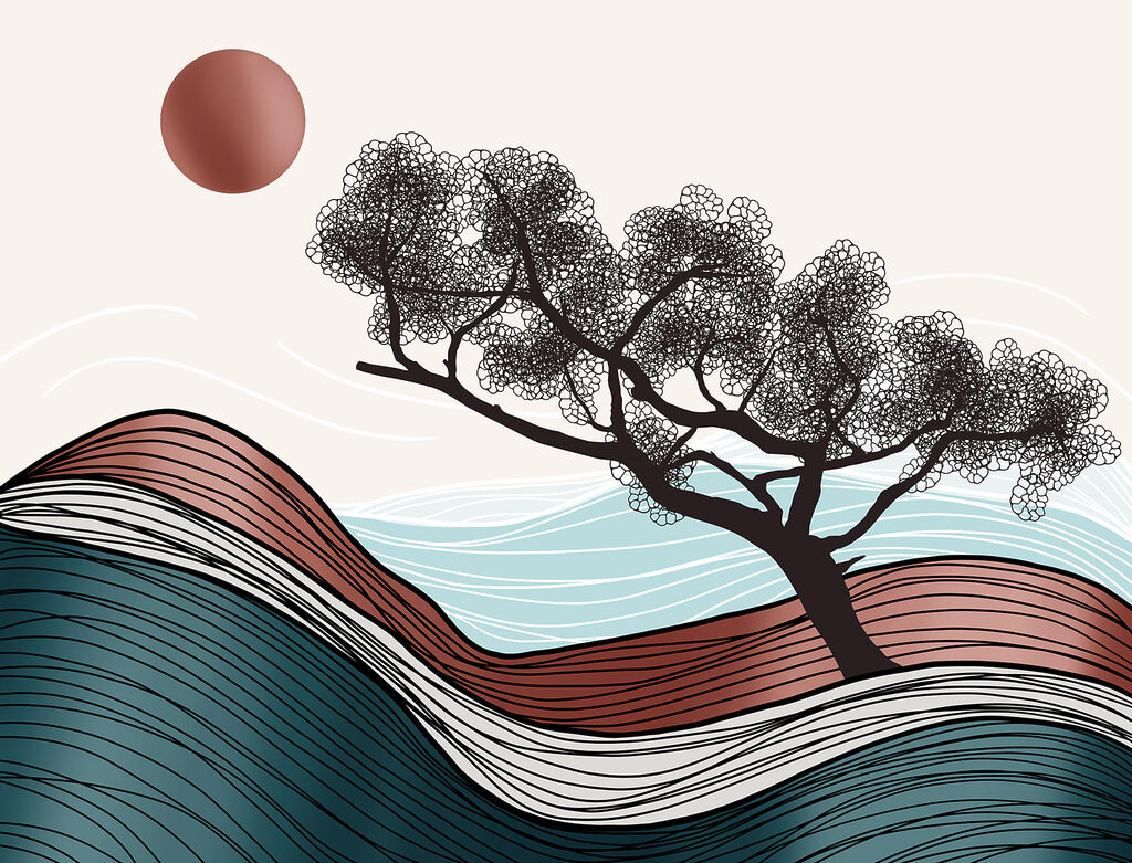 Albero tra linee ondulate — design completo