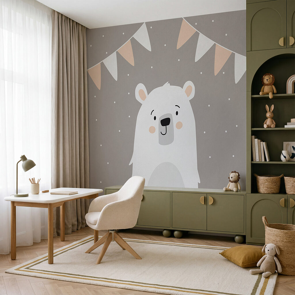 Orso bianco con bandierine in un ambiente