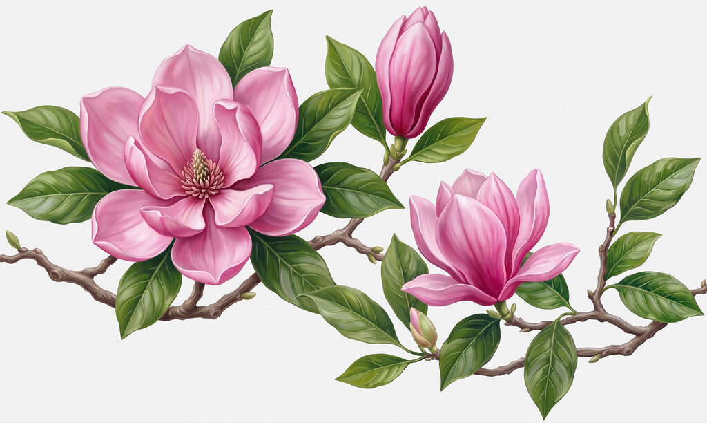 Magnolia rosa su rami — design completo