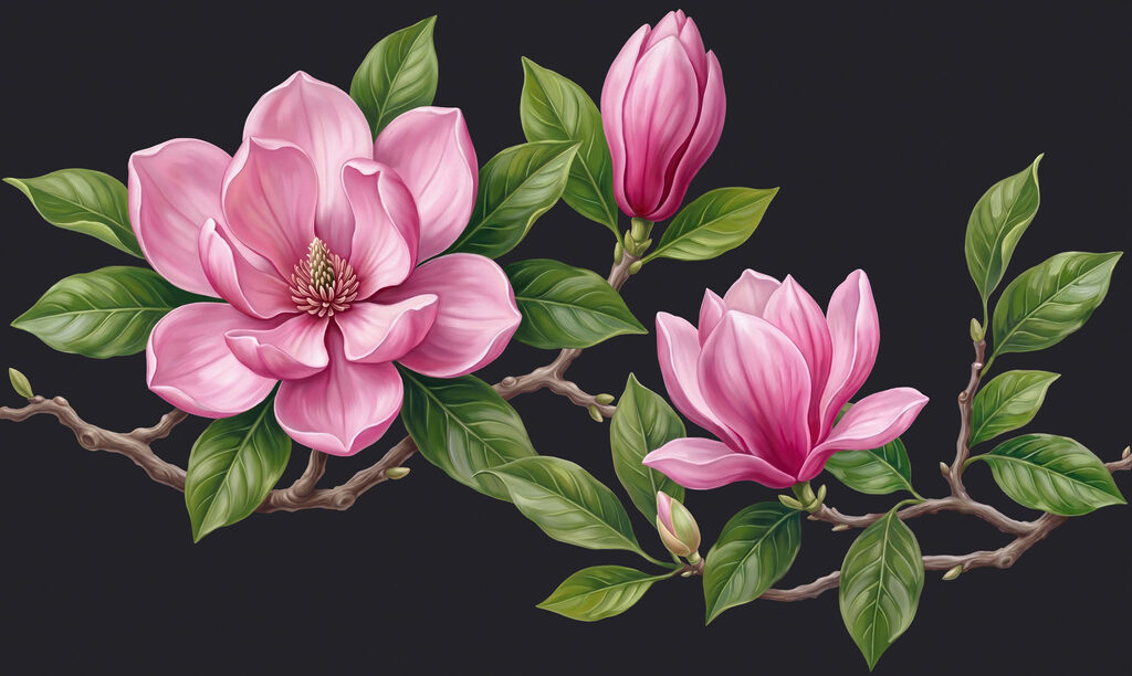 Magnolia rosa su rami — design completo