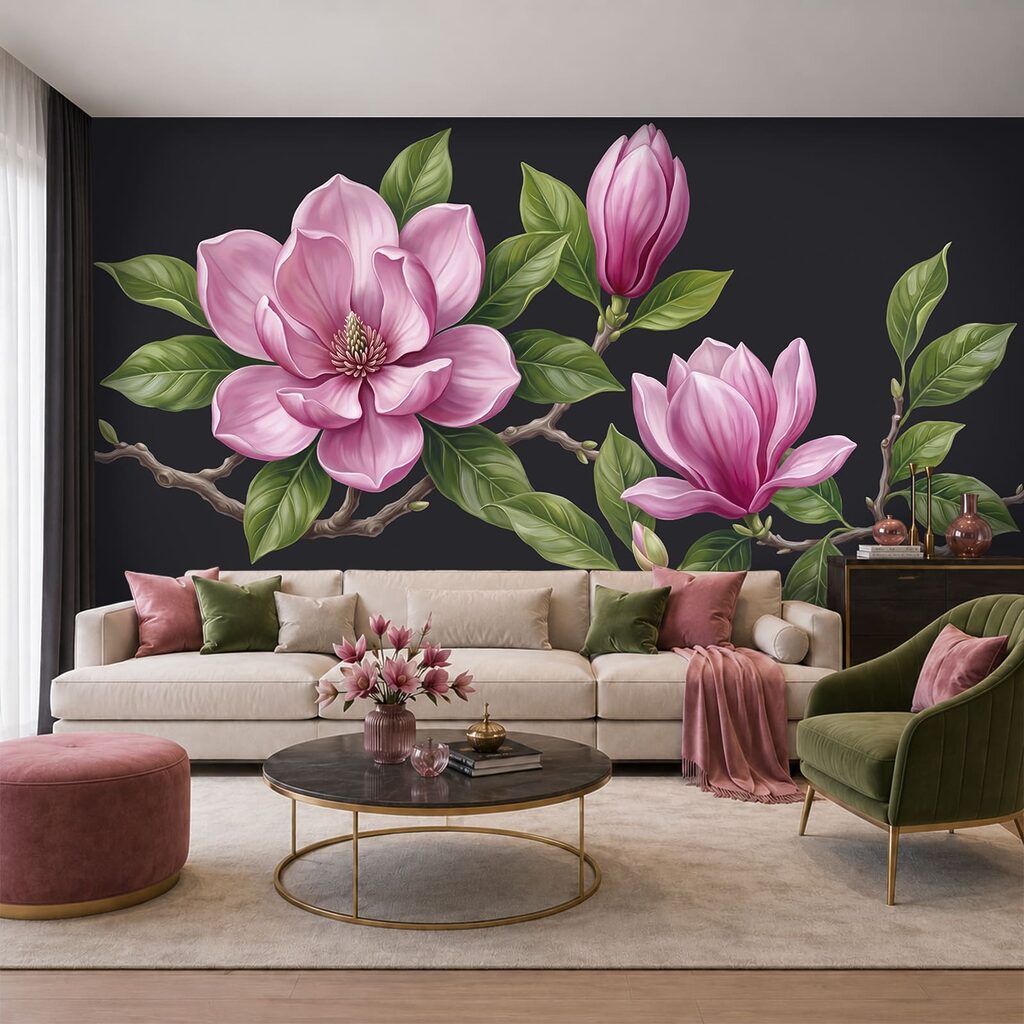 Magnolia rosa su rami in un ambiente