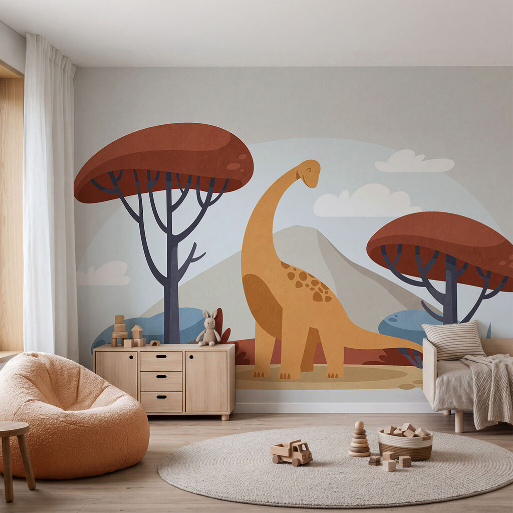 Dinosauro tra gli alberi in un ambiente