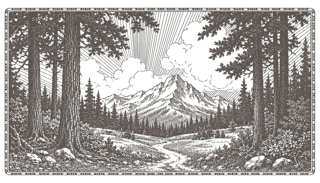 Cime innevate e pini — design completo
