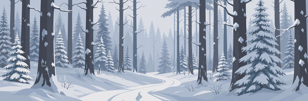 Sentiero tra pini innevati — design completo
