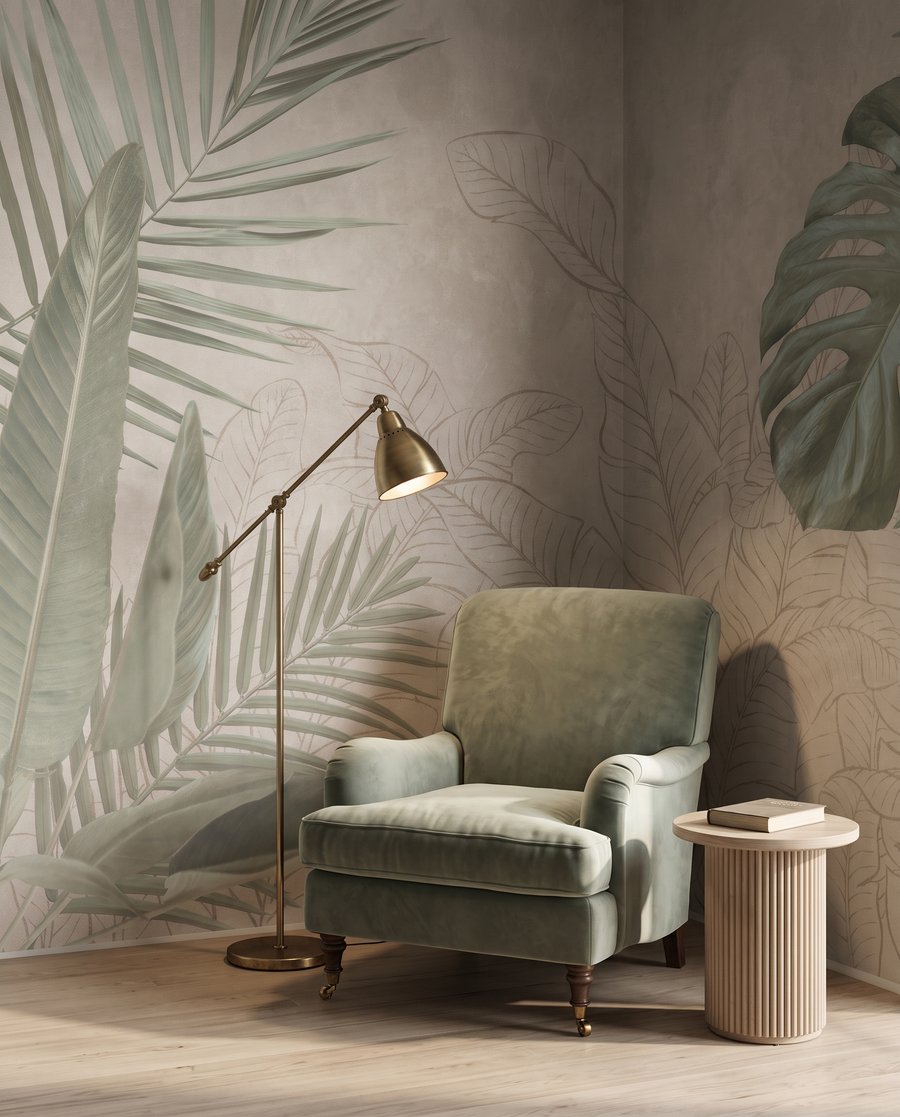 Foglie tropicali disegnate in un ambiente