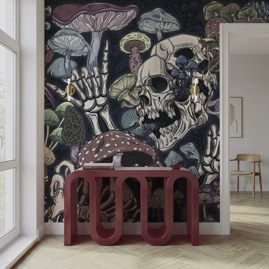 Teschio tra i funghi in un ambiente