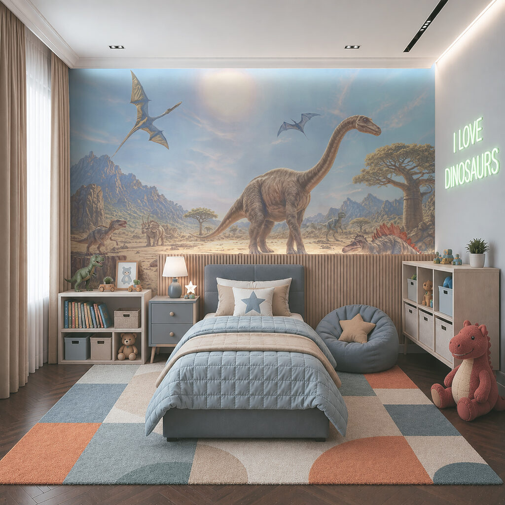 Dinosauri presso una pozza in un ambiente