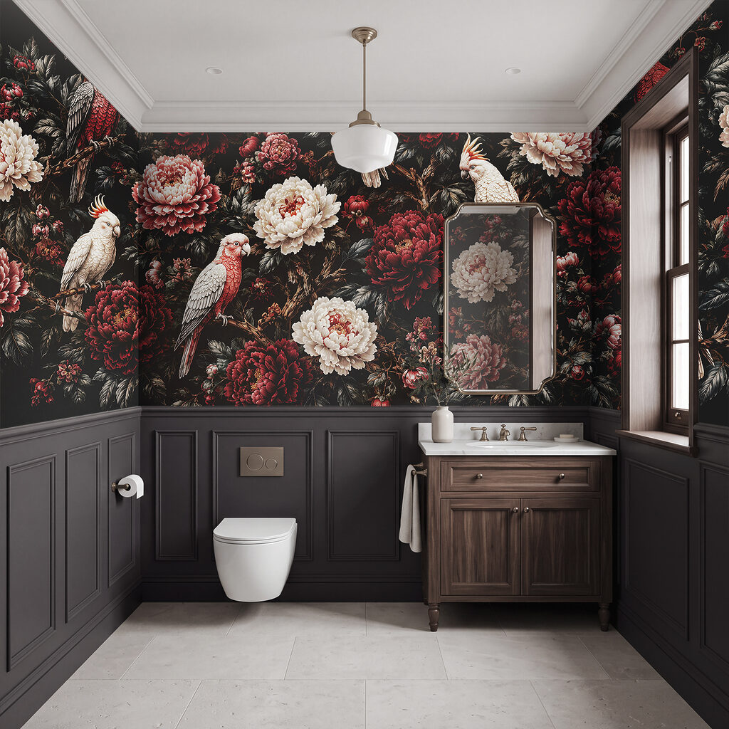 Uccelli su fiori rossi in un ambiente
