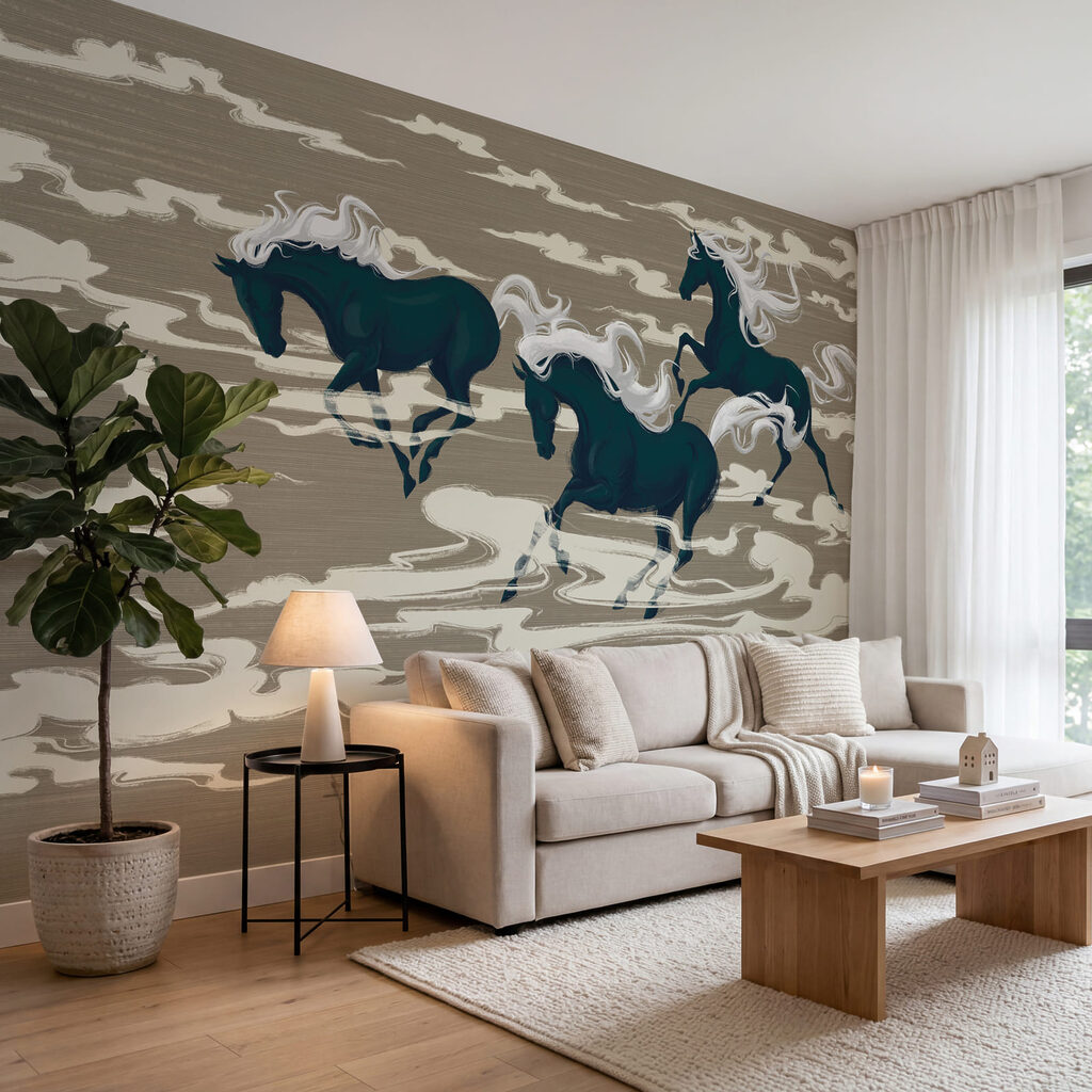 Cavalli tra nuvole stilizzate — ambiente 2