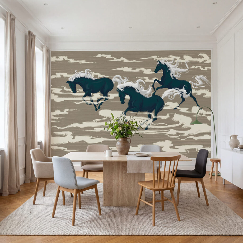 Cavalli tra nuvole stilizzate — ambiente 3