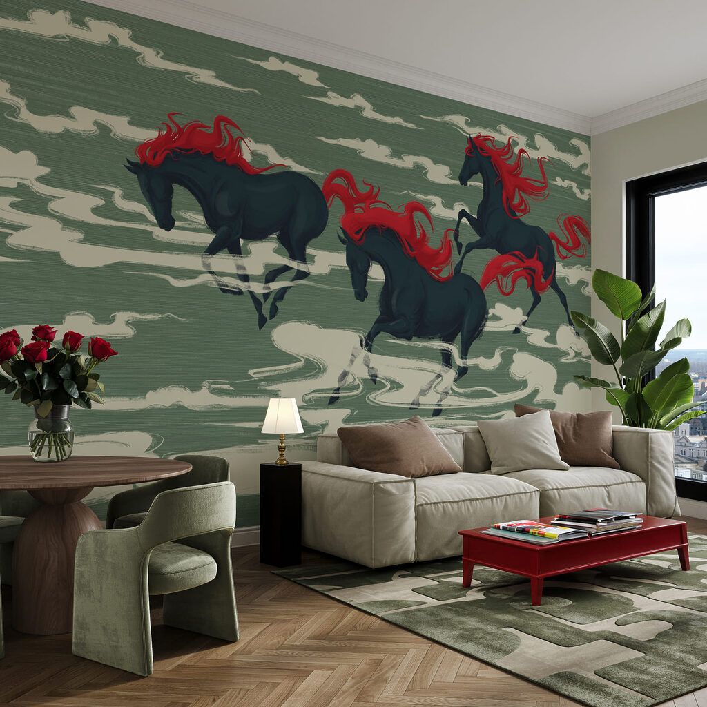 Cavalli tra nuvole stilizzate — ambiente 1