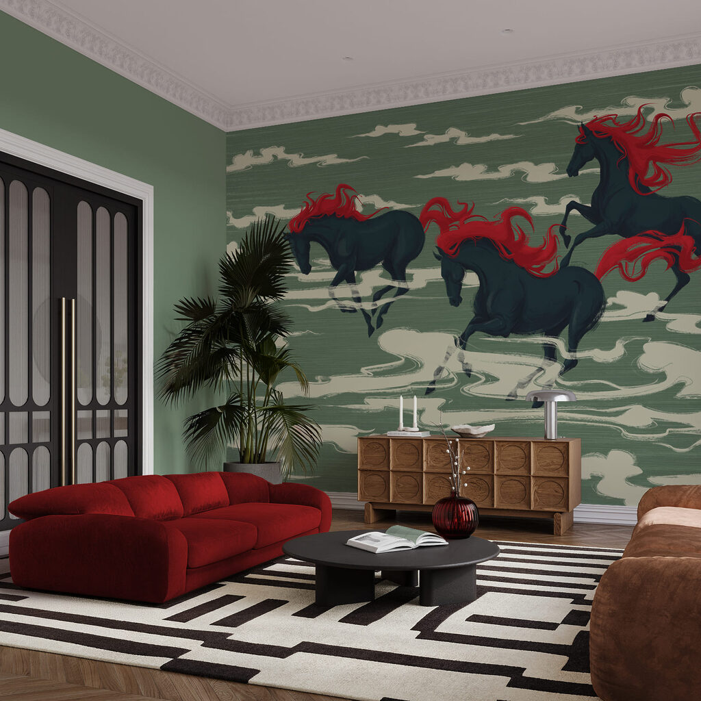Cavalli tra nuvole stilizzate — ambiente 2