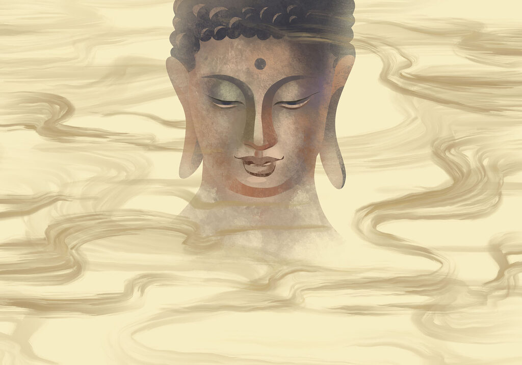 Buddha tra flussi dorati — design completo