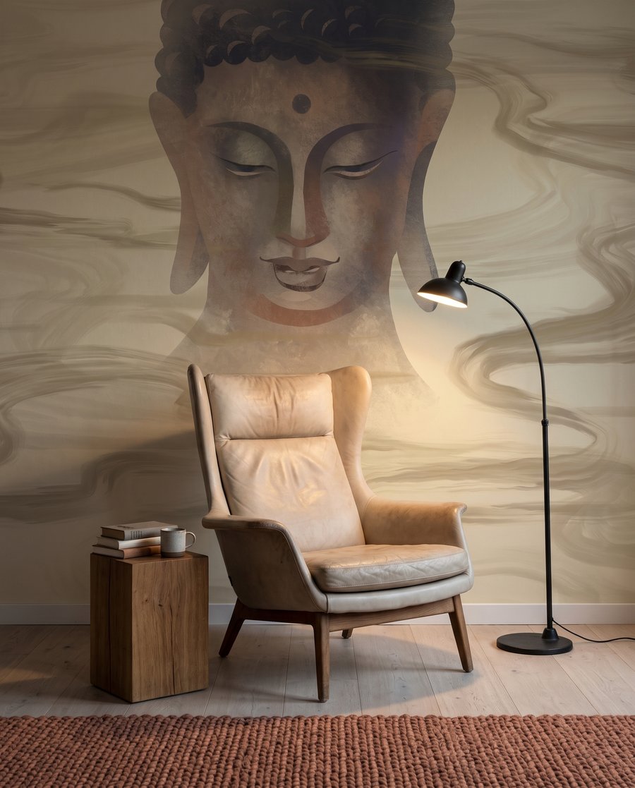 Buddha tra flussi dorati in un ambiente
