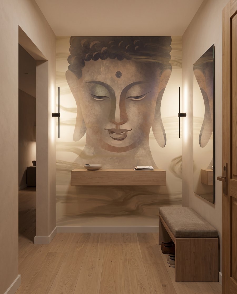 Buddha tra flussi dorati in un ambiente