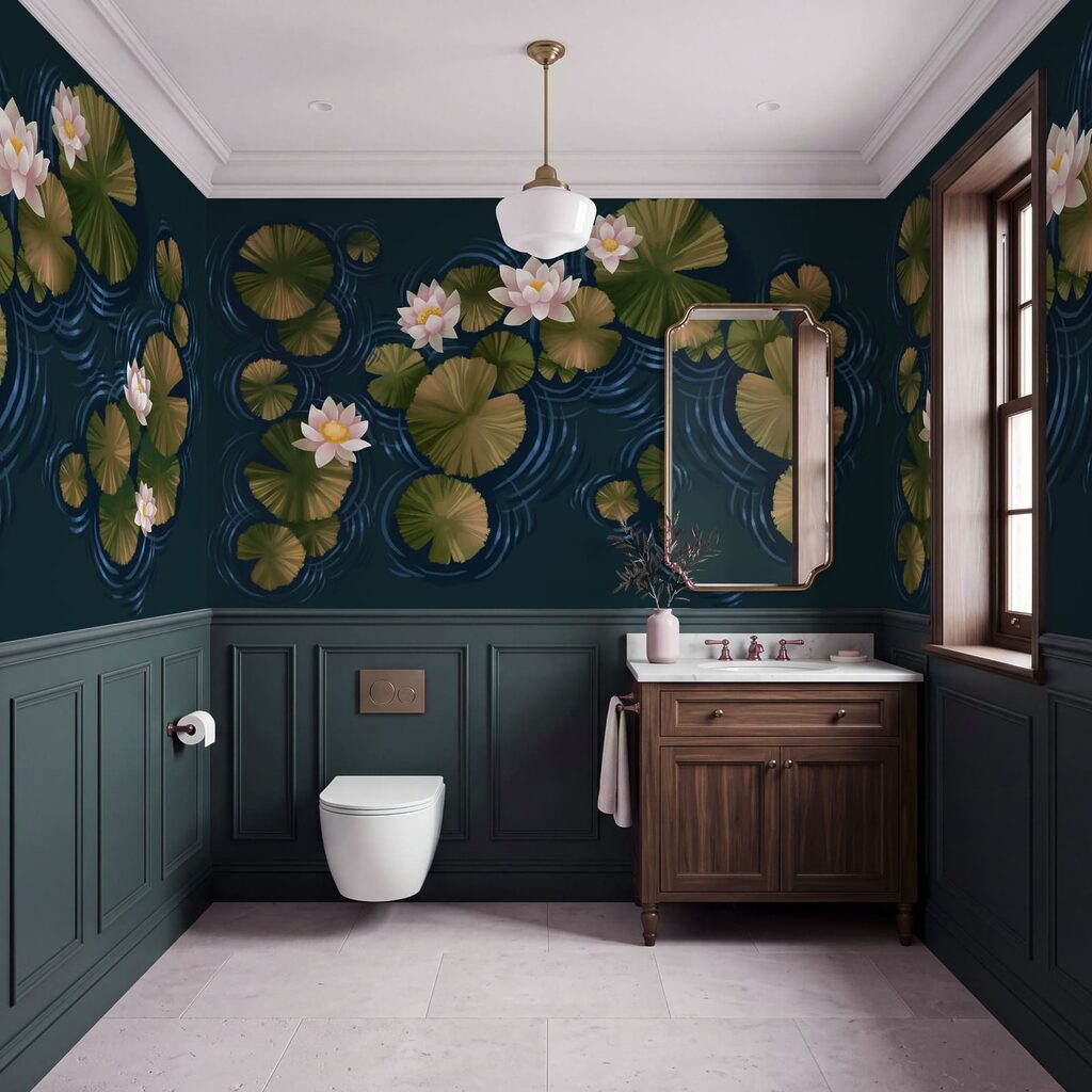 Ninfee su cerchi blu in un ambiente