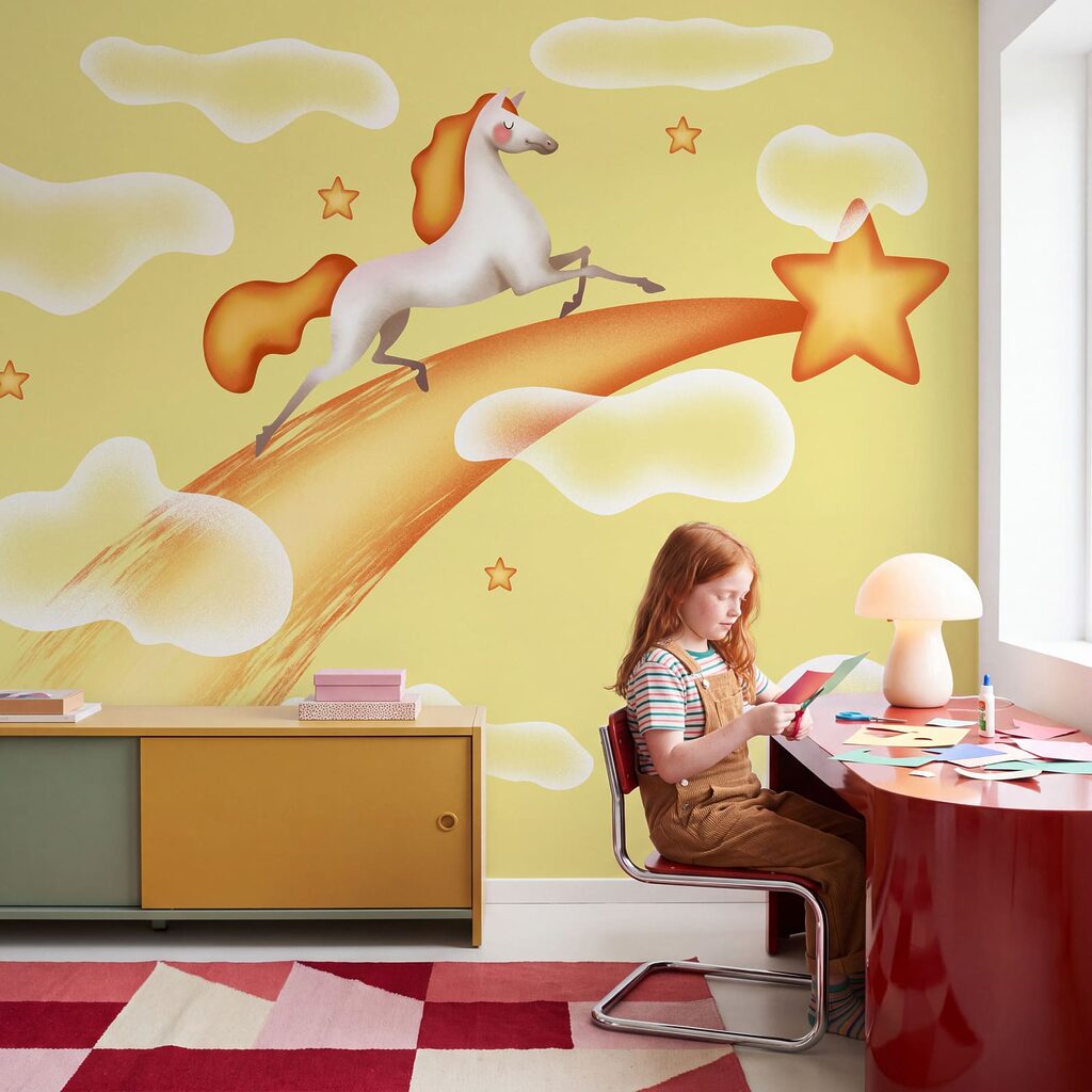 Unicorno sulla stella cadente in un ambiente
