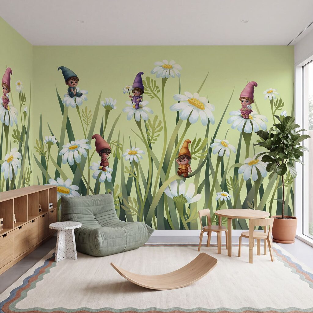Gnomi tra i fiori in un ambiente